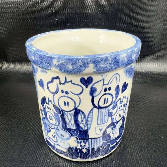 Farmhouse Pig Kitchen Utensil Vase Container Hand Made Signed Blue Gray Pottery - Picture 12 of 12